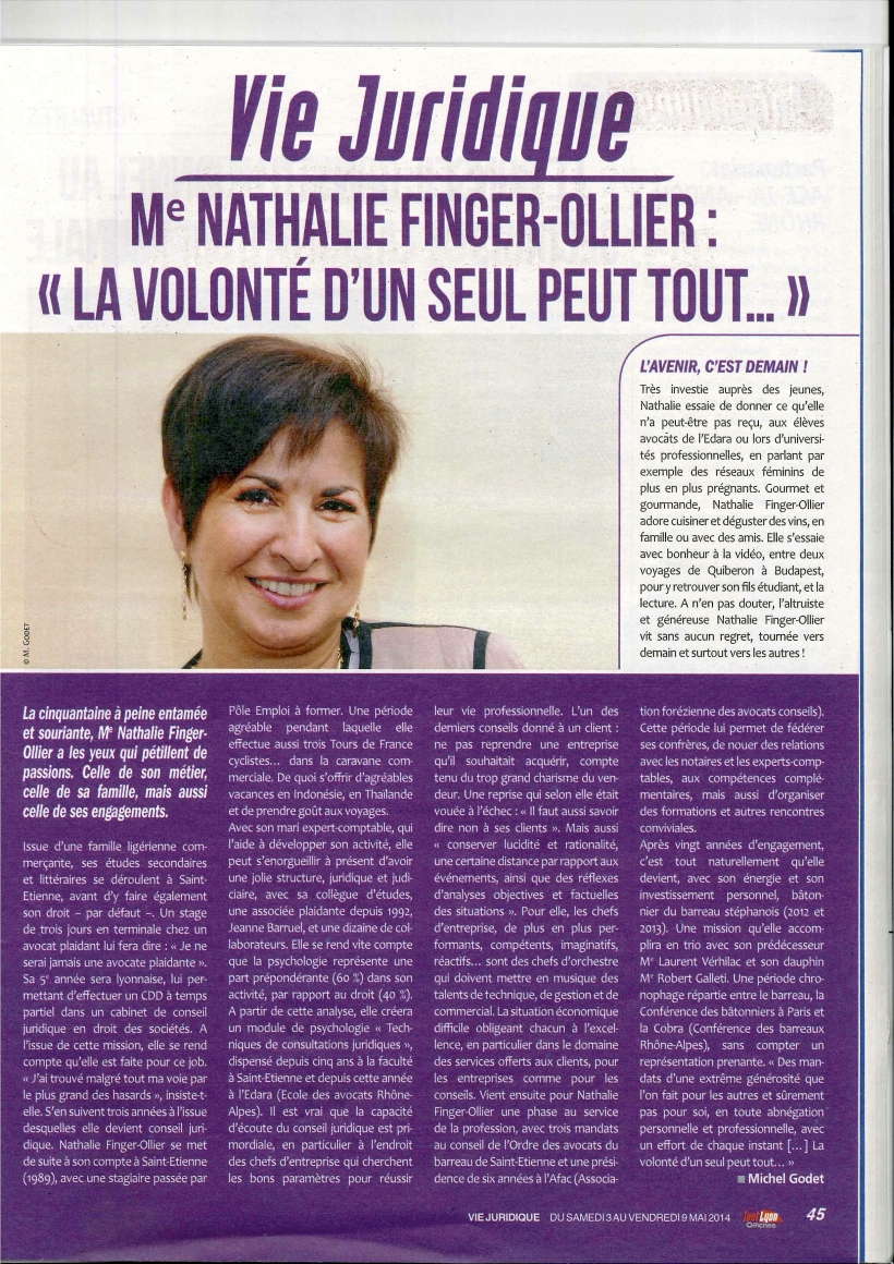 Avocat d'affaires st etienne : Portrait de Nathalie Finger-Ollier - Le Tout Lyon